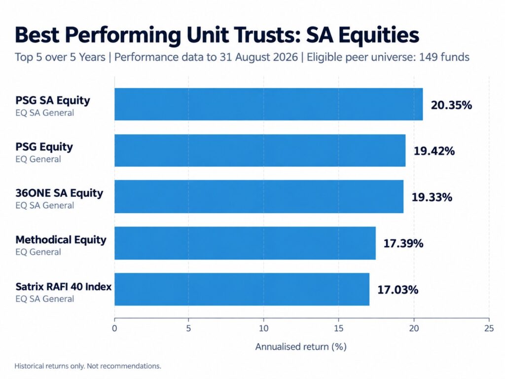 Charts showing Best 5 SA equity funds over 5 years to end August 2026 by Henceforward