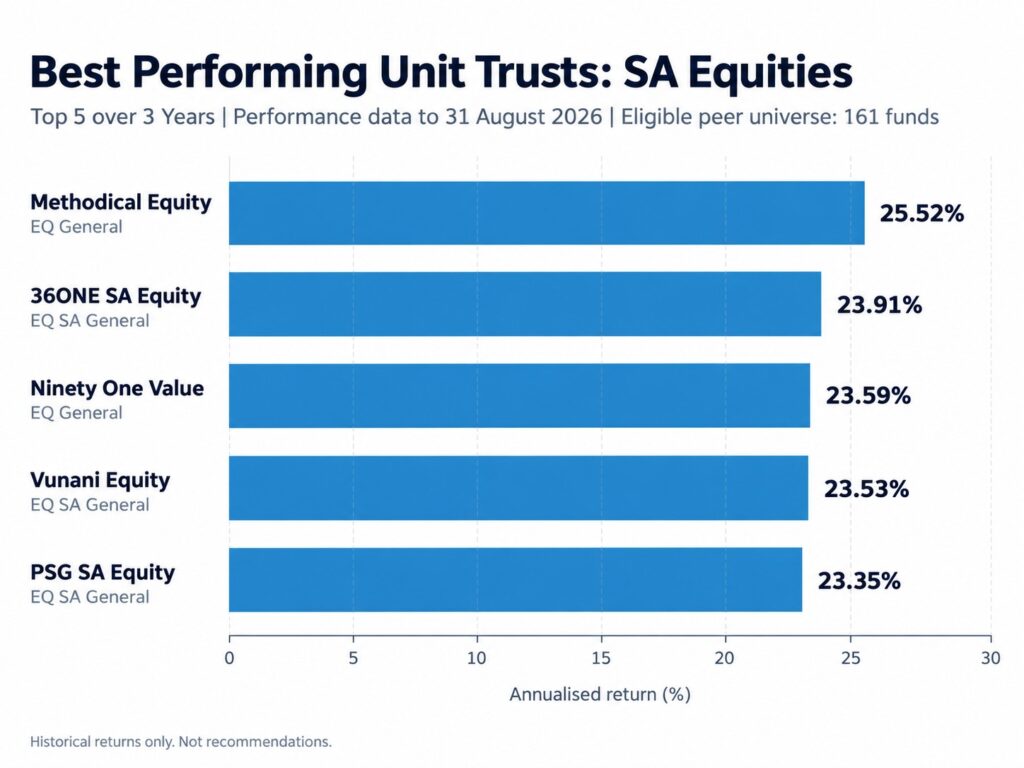 Charts showing Top 5 SA equities over 3 years end August 2026 by Henceforward