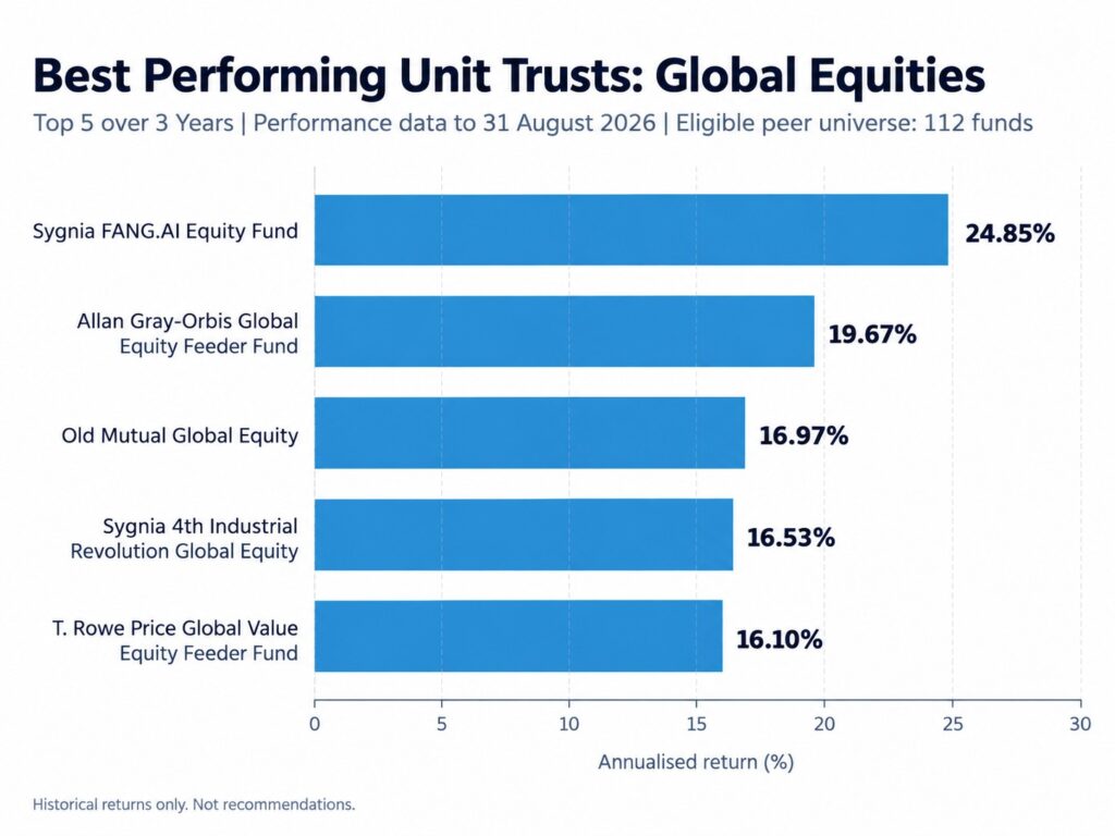 Chart showing Top 5 global equity funds over 3 years to end Aug 2026 by Henceforward