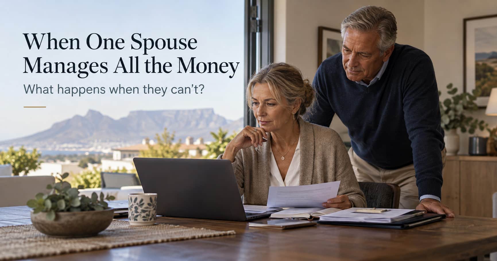 A couple reviewing household financial information together at home.